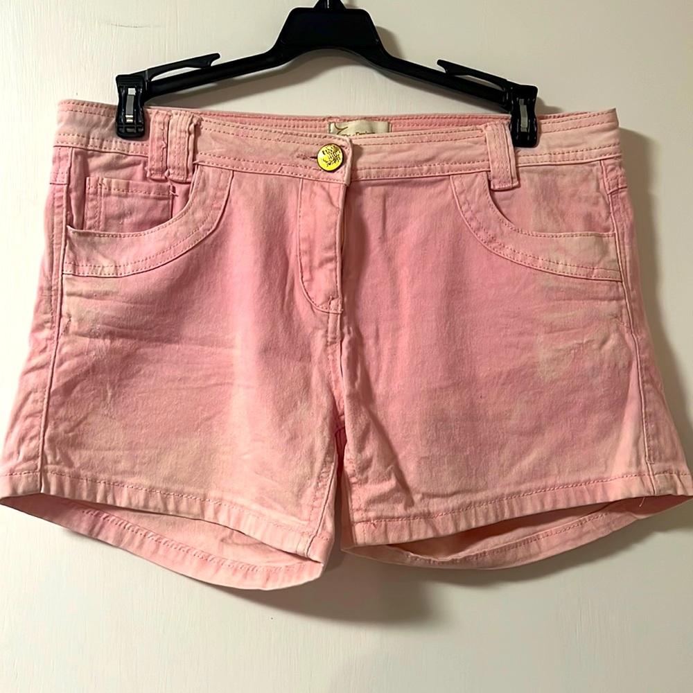 My Denim Devil, size 7, pink denim bleach washed shorts, EUC.